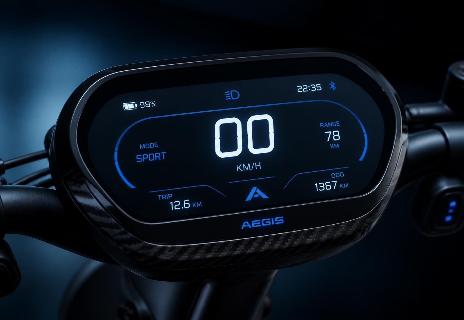 Laminated smart dashboard showing ride telemetry