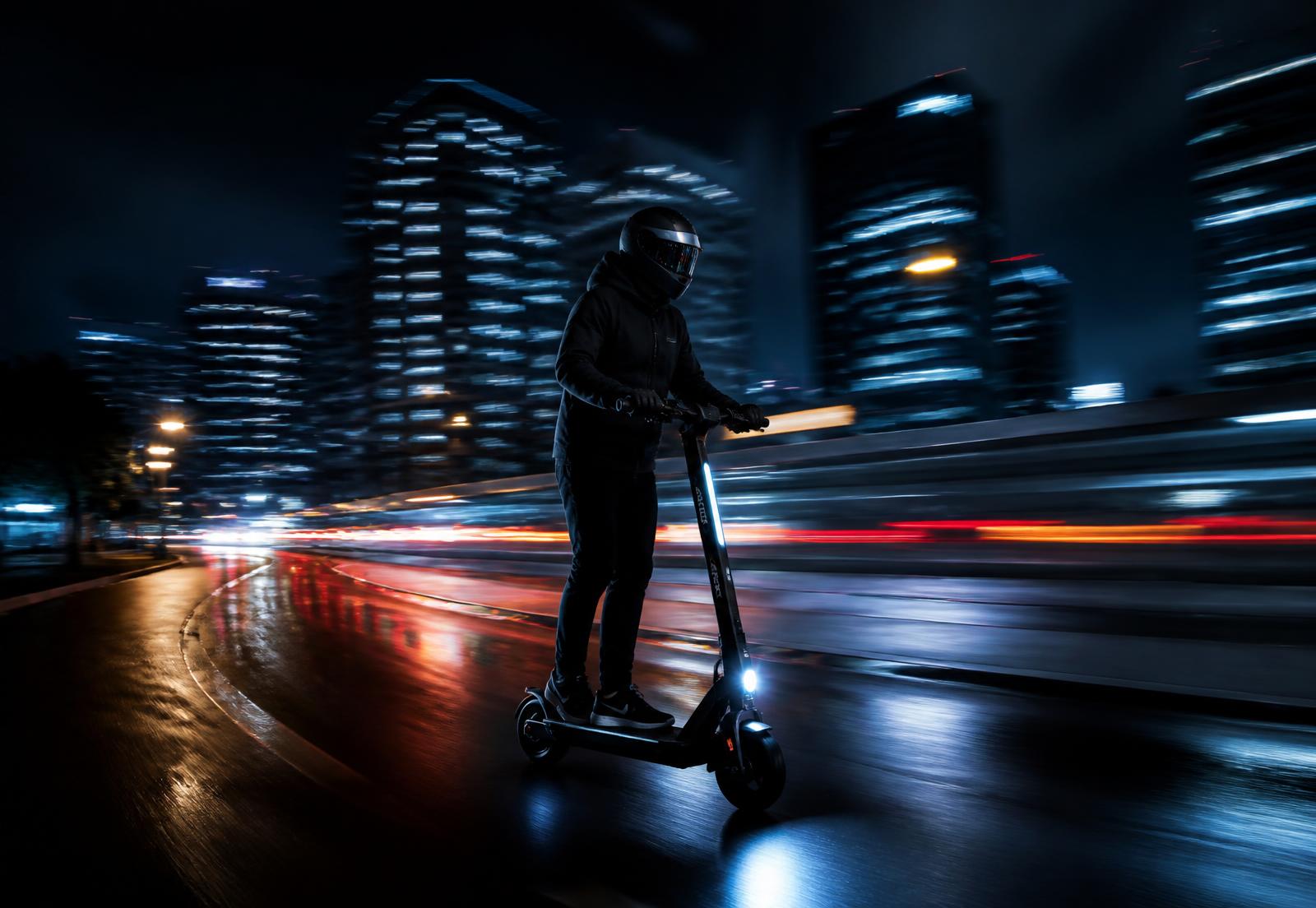 Rider crossing the city at night on a DOCK-Y
